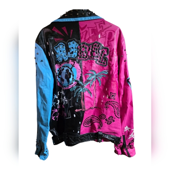 Rebel Stylish Women's Pink and Blue Leather Jacket XL - Picture 4 of 9